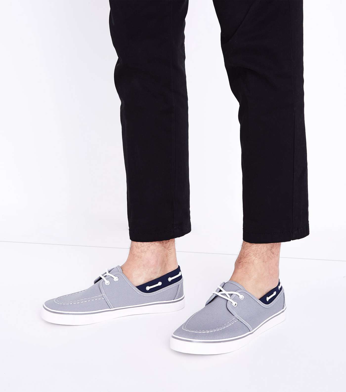 Grey Lace Up Canvas Boat Shoes Image 2