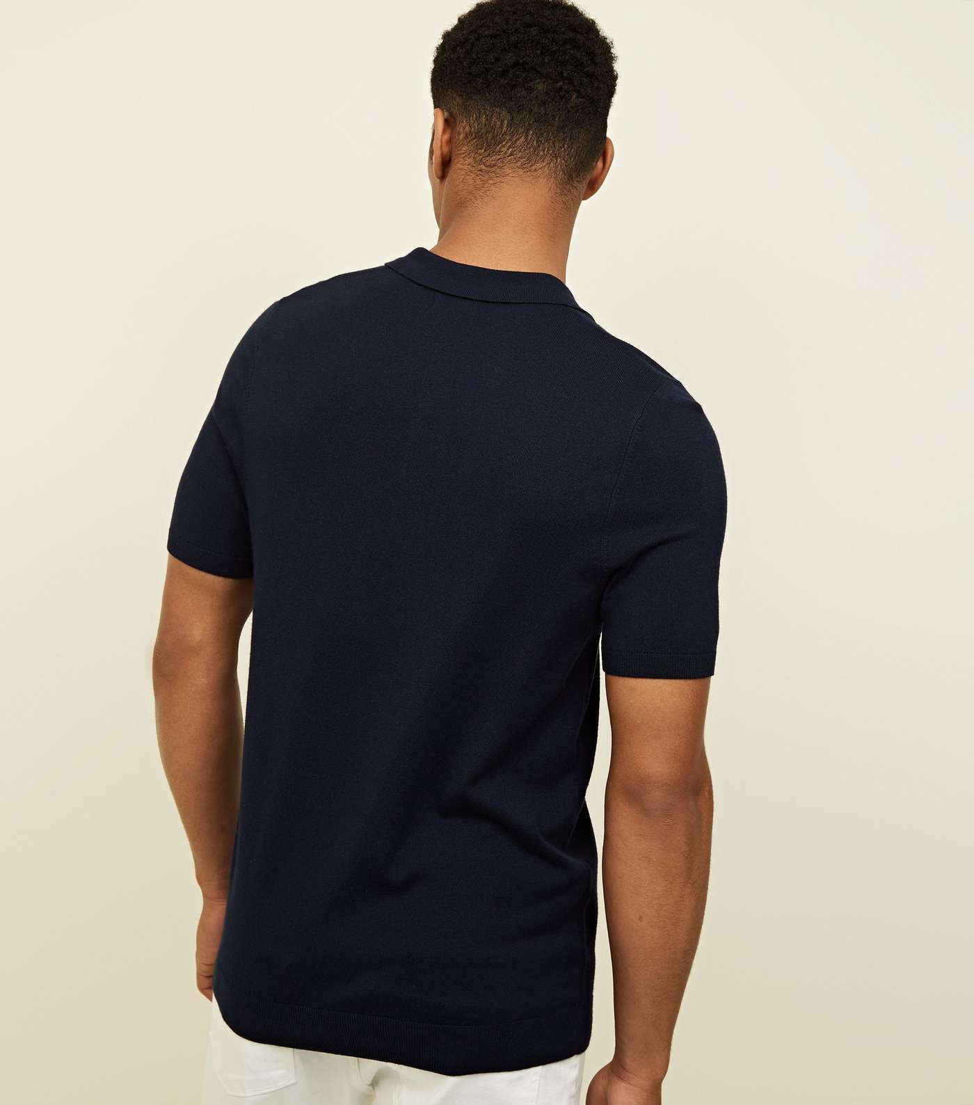 Navy Knitted Slim Fit Polo Shirt Image 3
