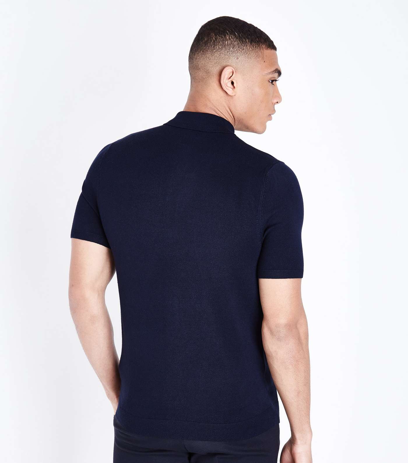 Navy Knit Muscle Fit Polo Shirt Image 3