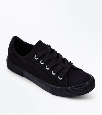 Girls Black Canvas Lace Up Trainers 