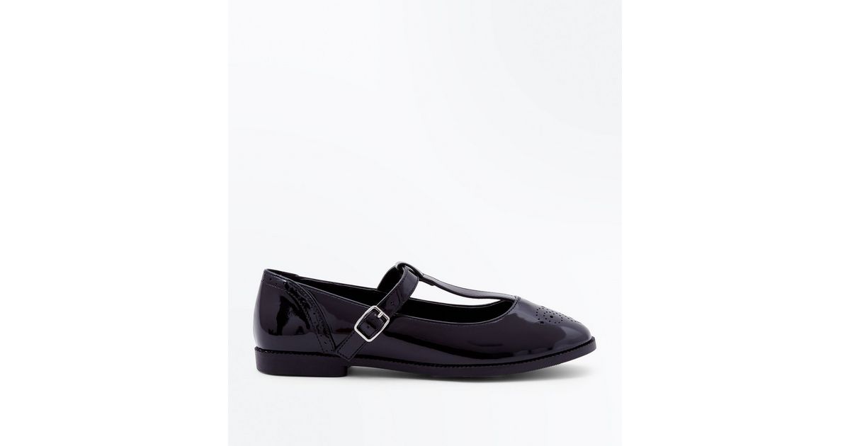 black patent t bar brogues