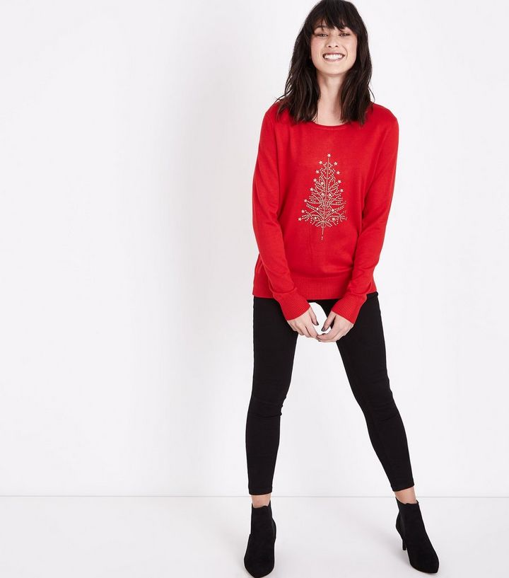 Mela Rote Pullover Mit Weihnachtsbaum Motiv New Look