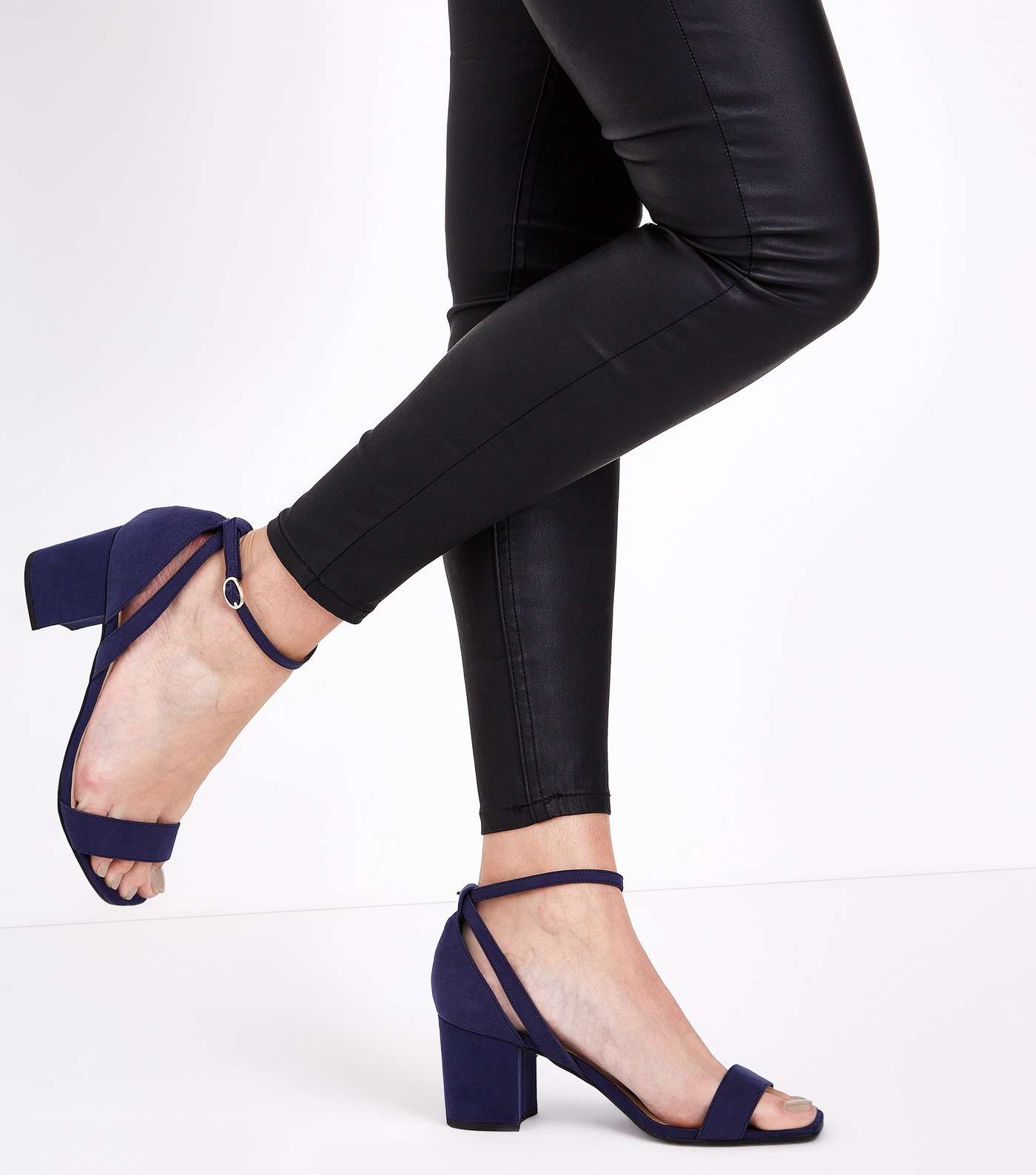 Wide Fit Navy Suedette Square Toe Heeled Sandals Image 2
