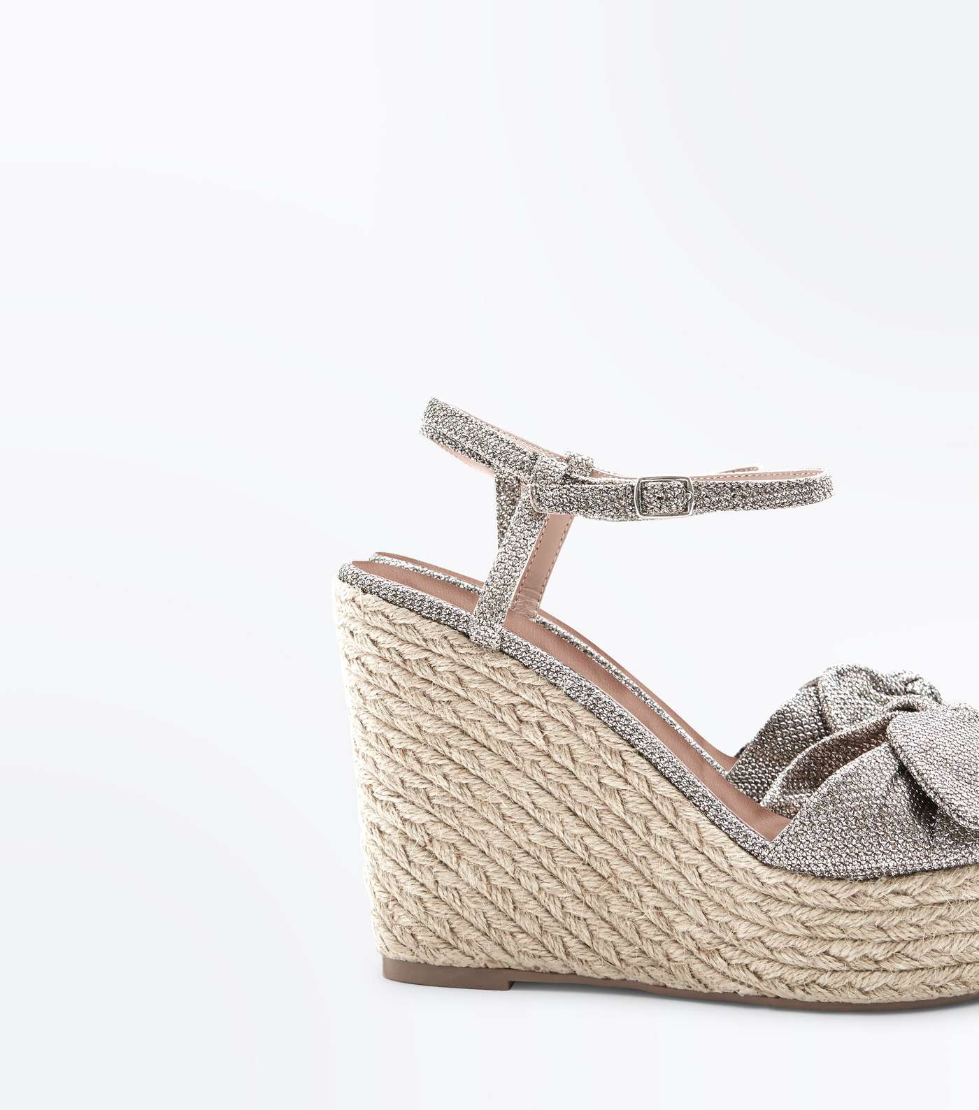 Gold Glitter Bow Strap Straw Wedges Image 4