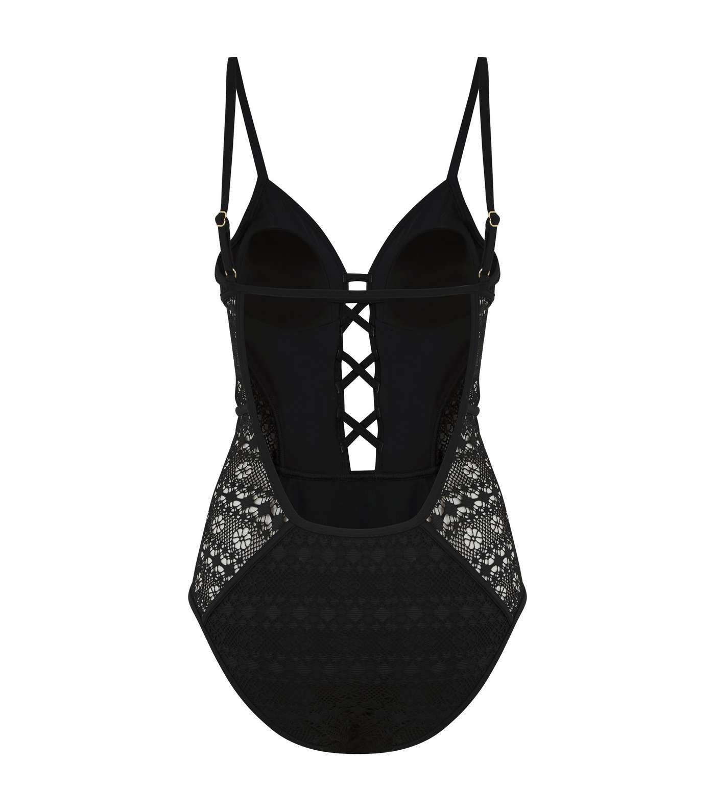 Black Crochet Plunge Lattice Front Swimsuit Image 4