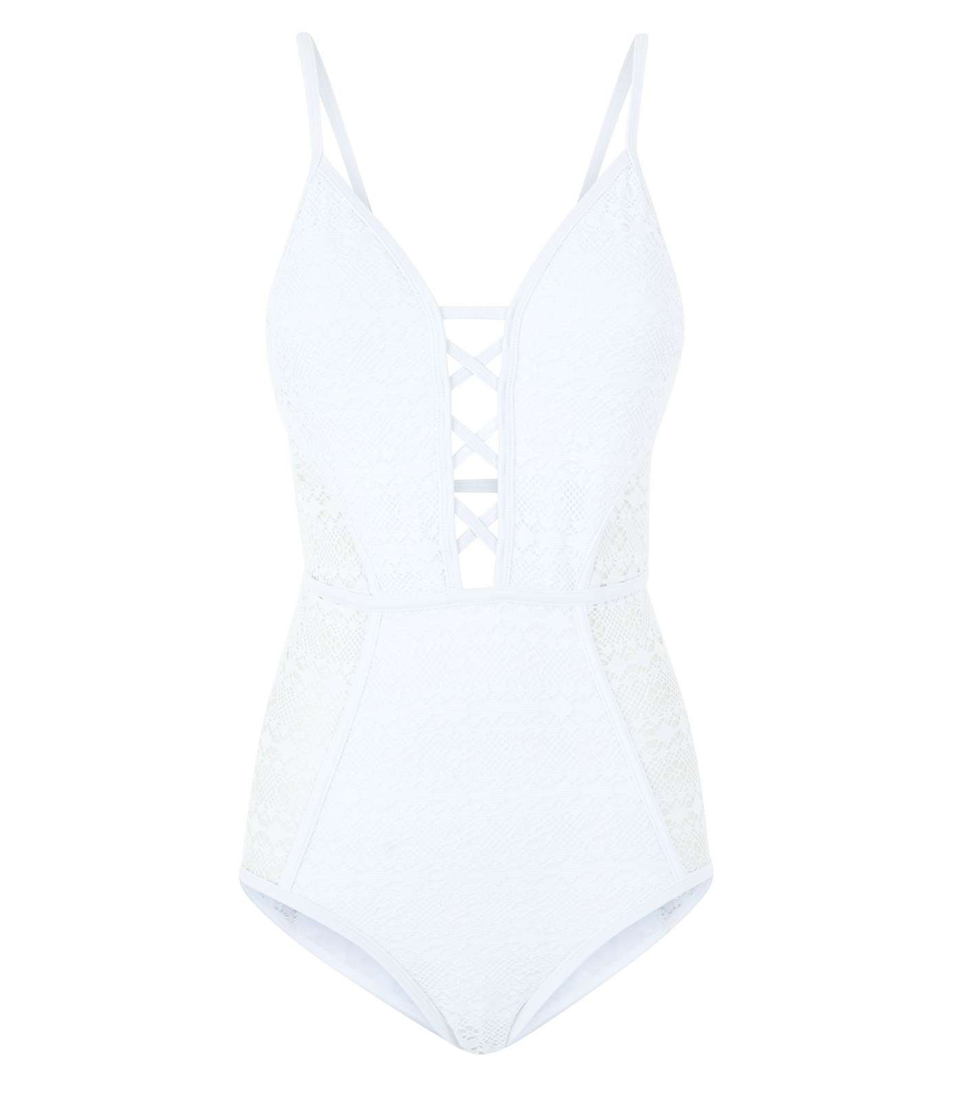 White Crochet Plunge Lattice Front Swimsuit Image 3