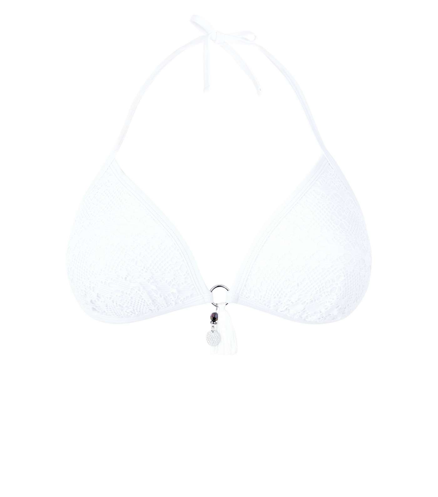 White Crochet Tassel Triangle Bikini Top Image 4