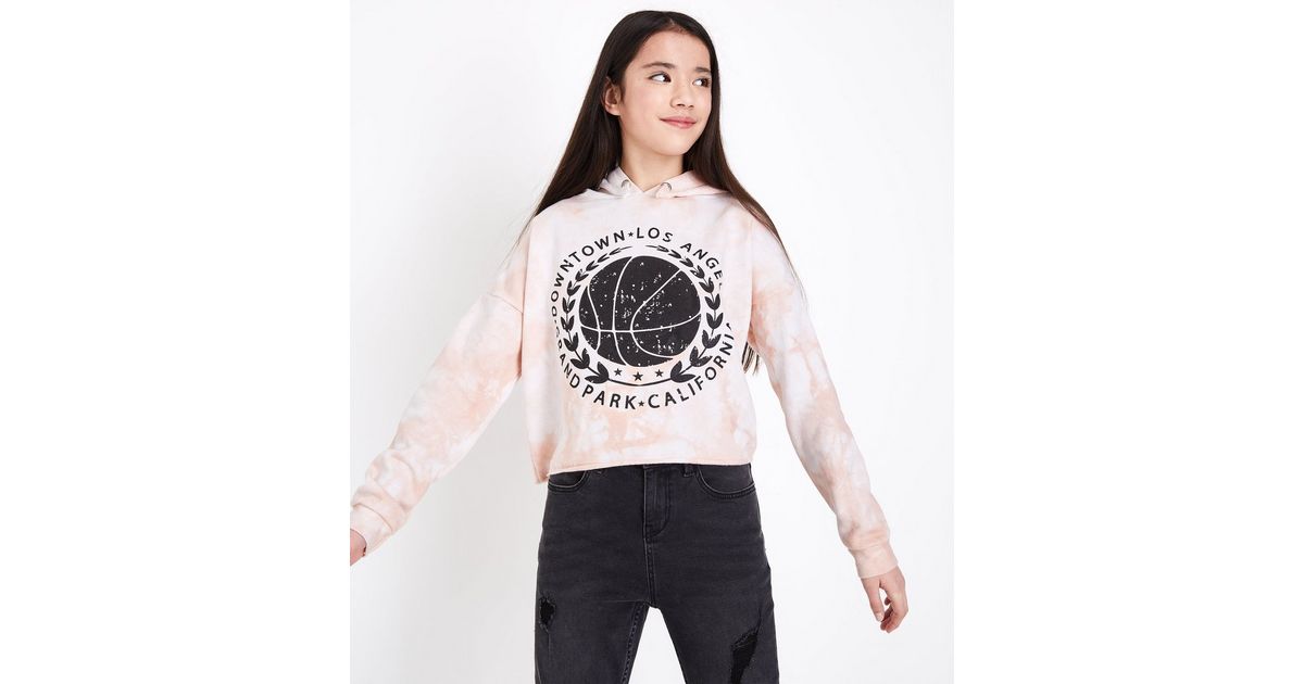 Teens Pink Tie Dye Basketball Crest Print Hoodie | New Look