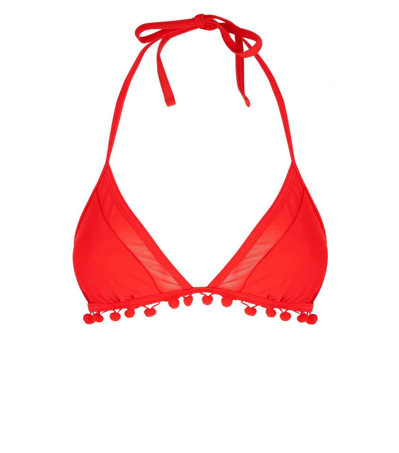 Red Pom Pom Trim Triangle Bikini Top Image 3