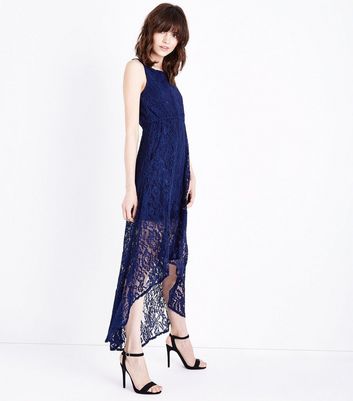 navy lace dip hem dress