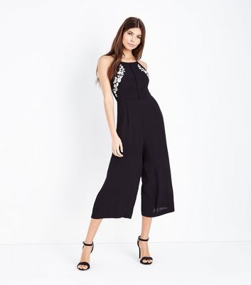 Black Floral Embroidered Culotte Jumpsuit | New Look