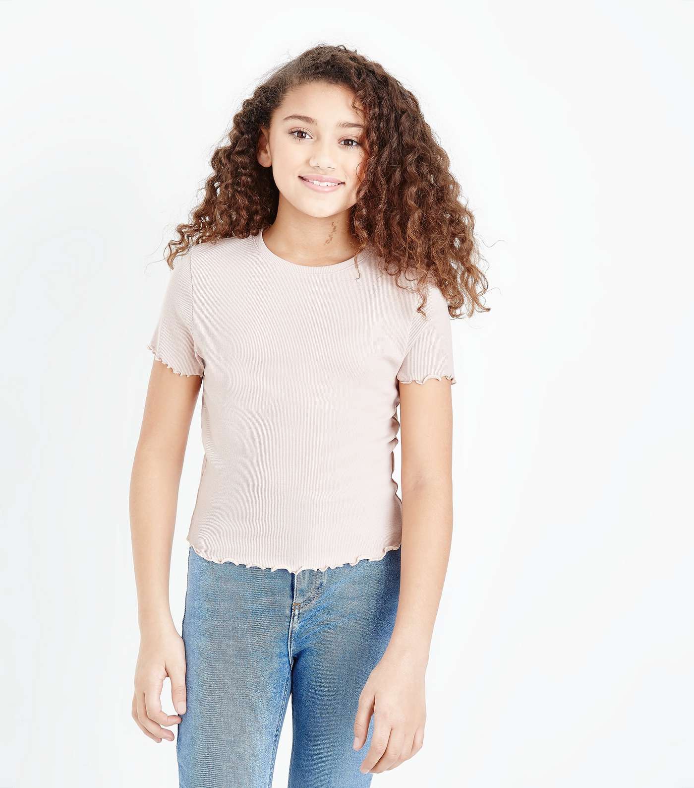 Girls Pale Pink Ribbed Frill Edge T-Shirt