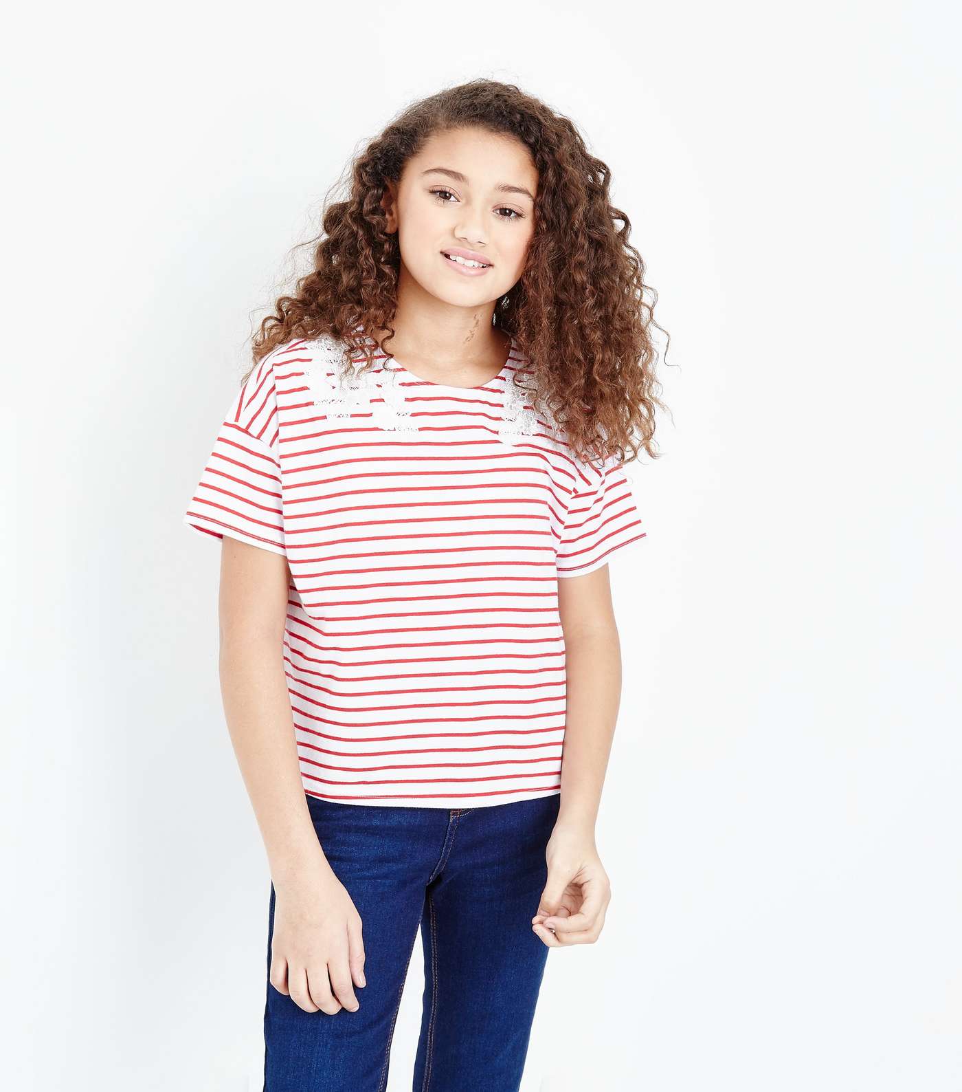 Teens White Contrast Stripe Floral Appliqué T-Shirt 