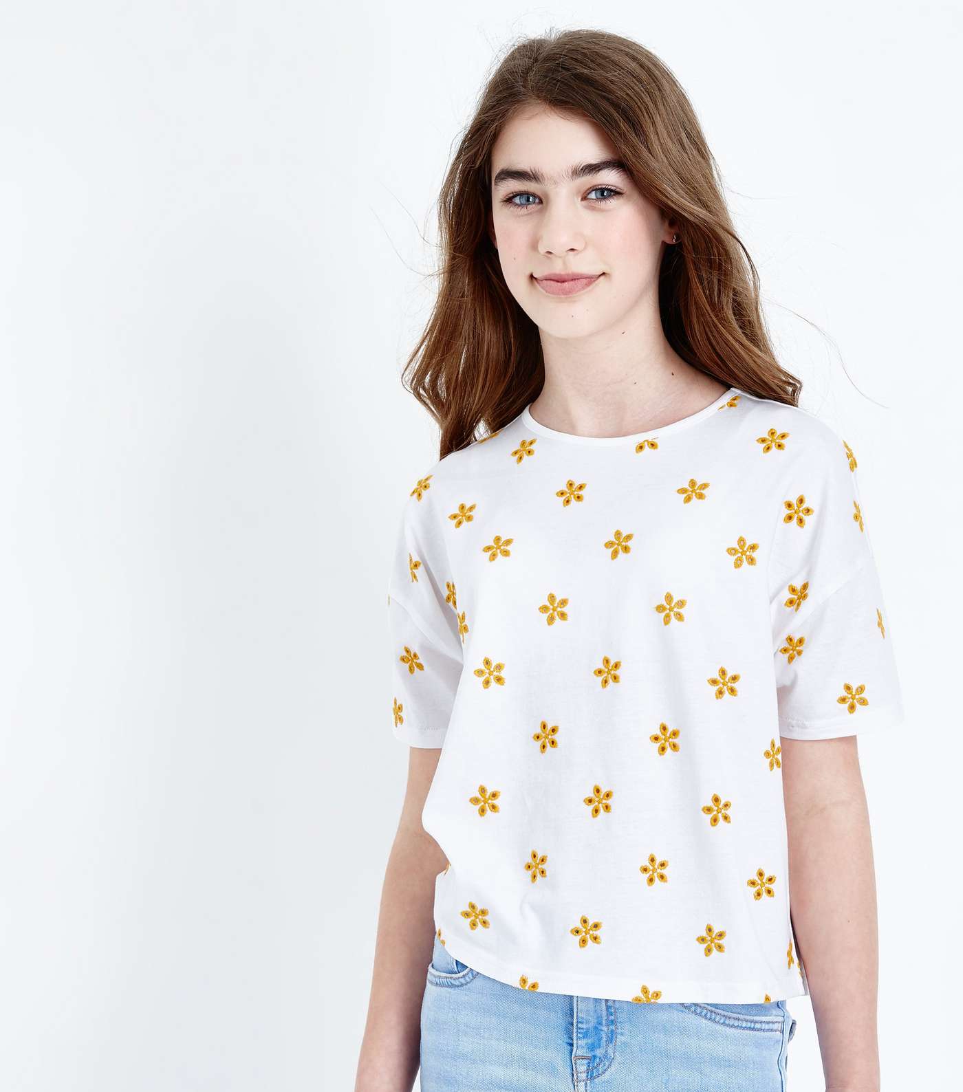 Girls White Floral Embroidered T-Shirt