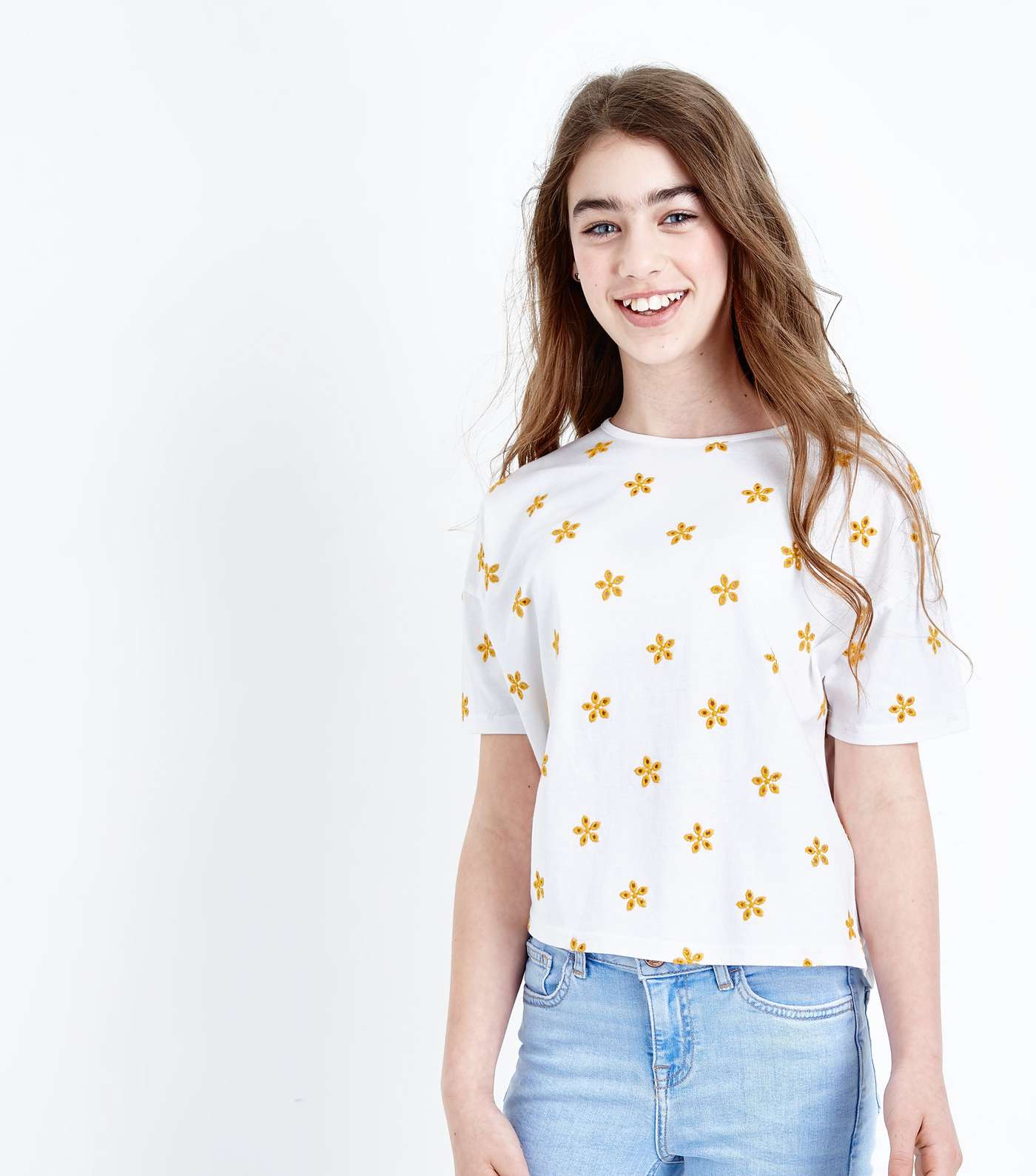 Girls White Floral Embroidered T-Shirt Image 5