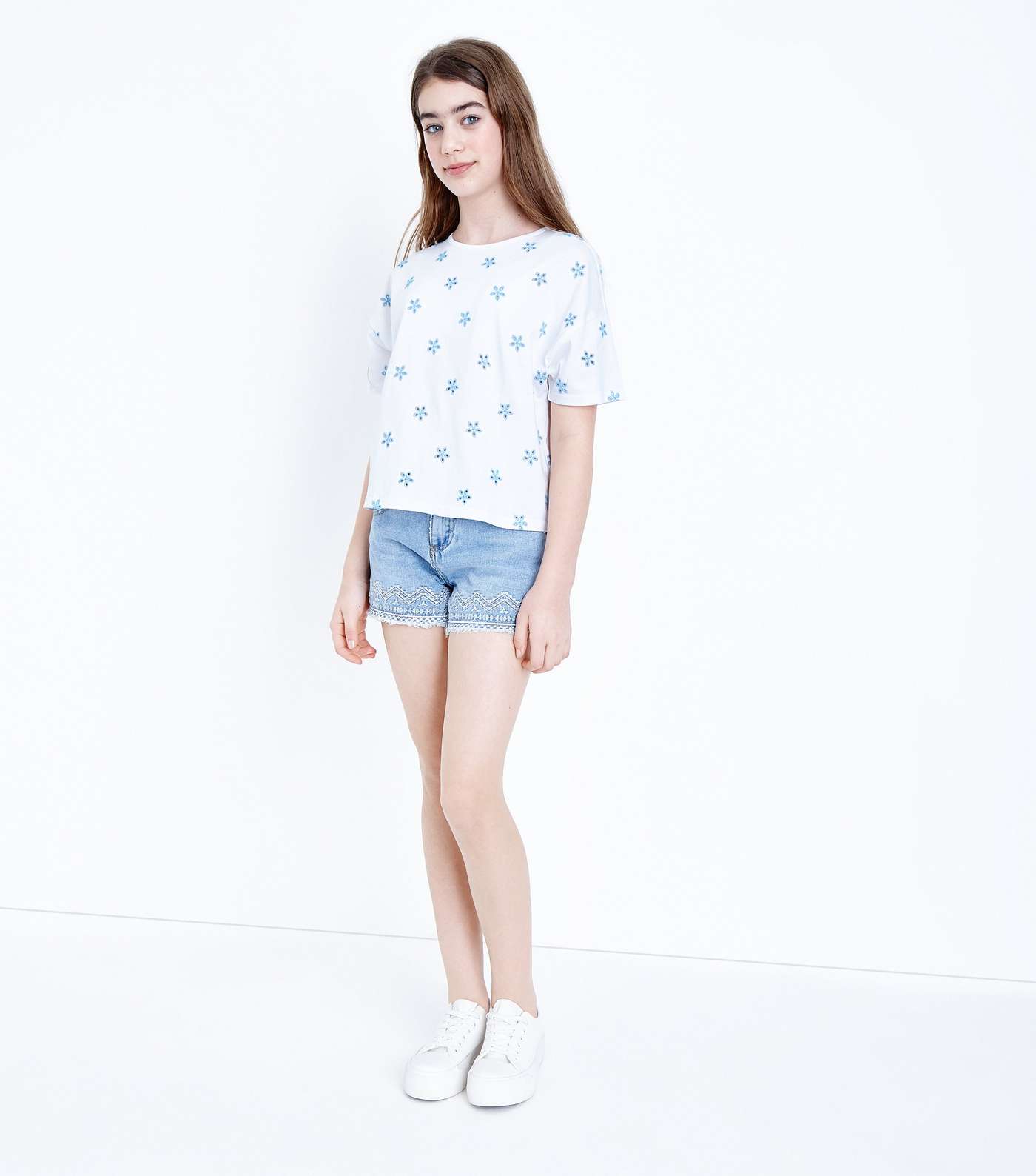 Teens Blue Floral Embroidered T-Shirt Image 2