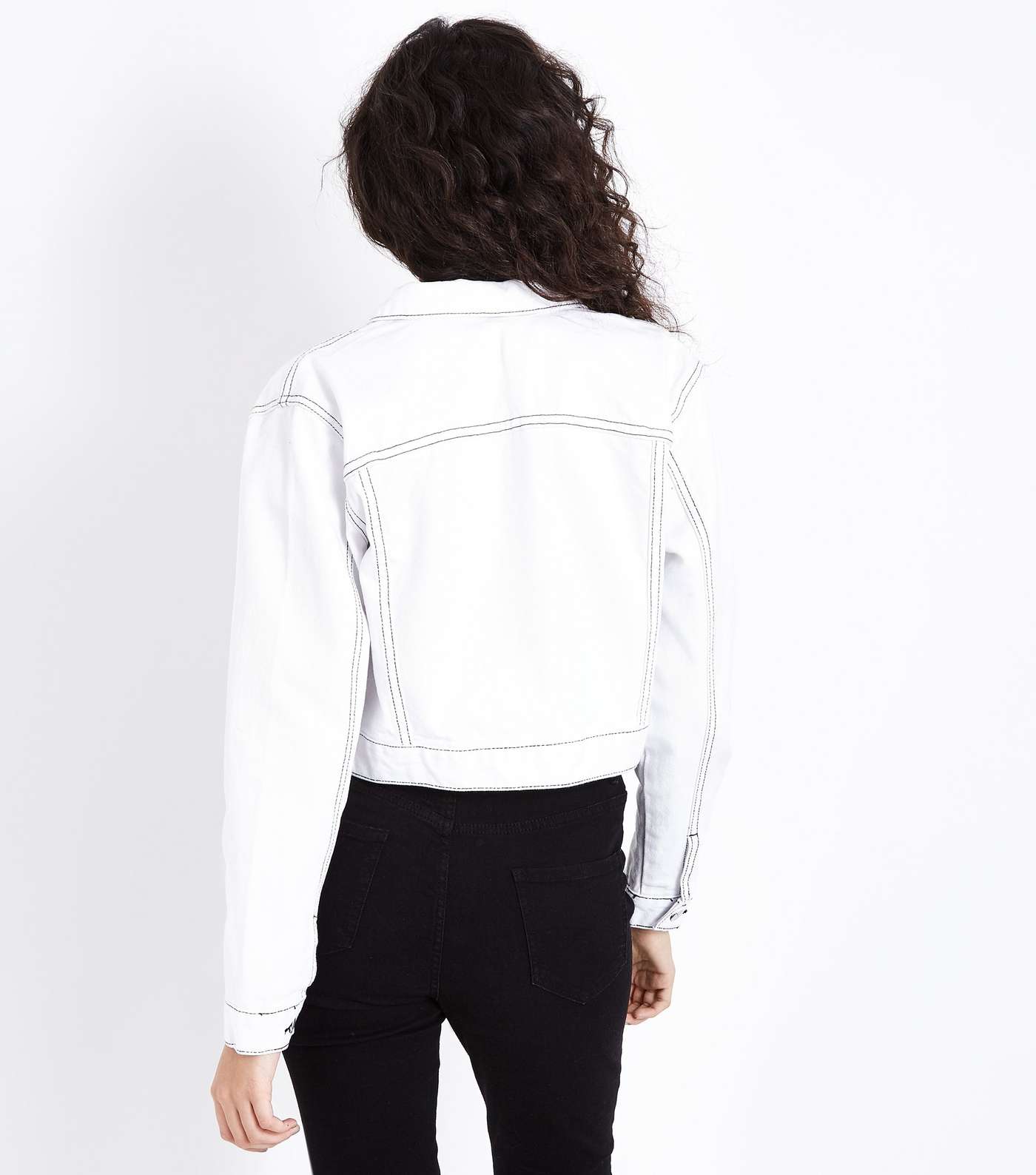 White Contrast Stitch Cropped Denim Jacket Image 3