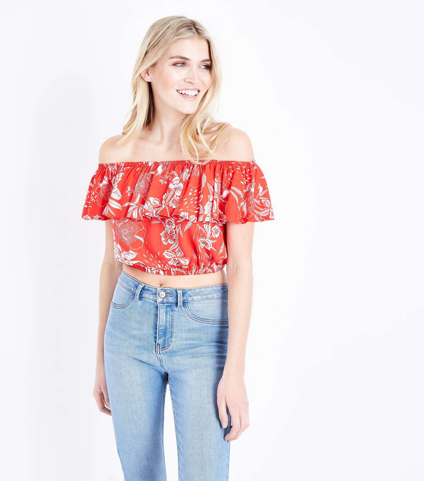 Red Floral Frill Bardot Crop Top