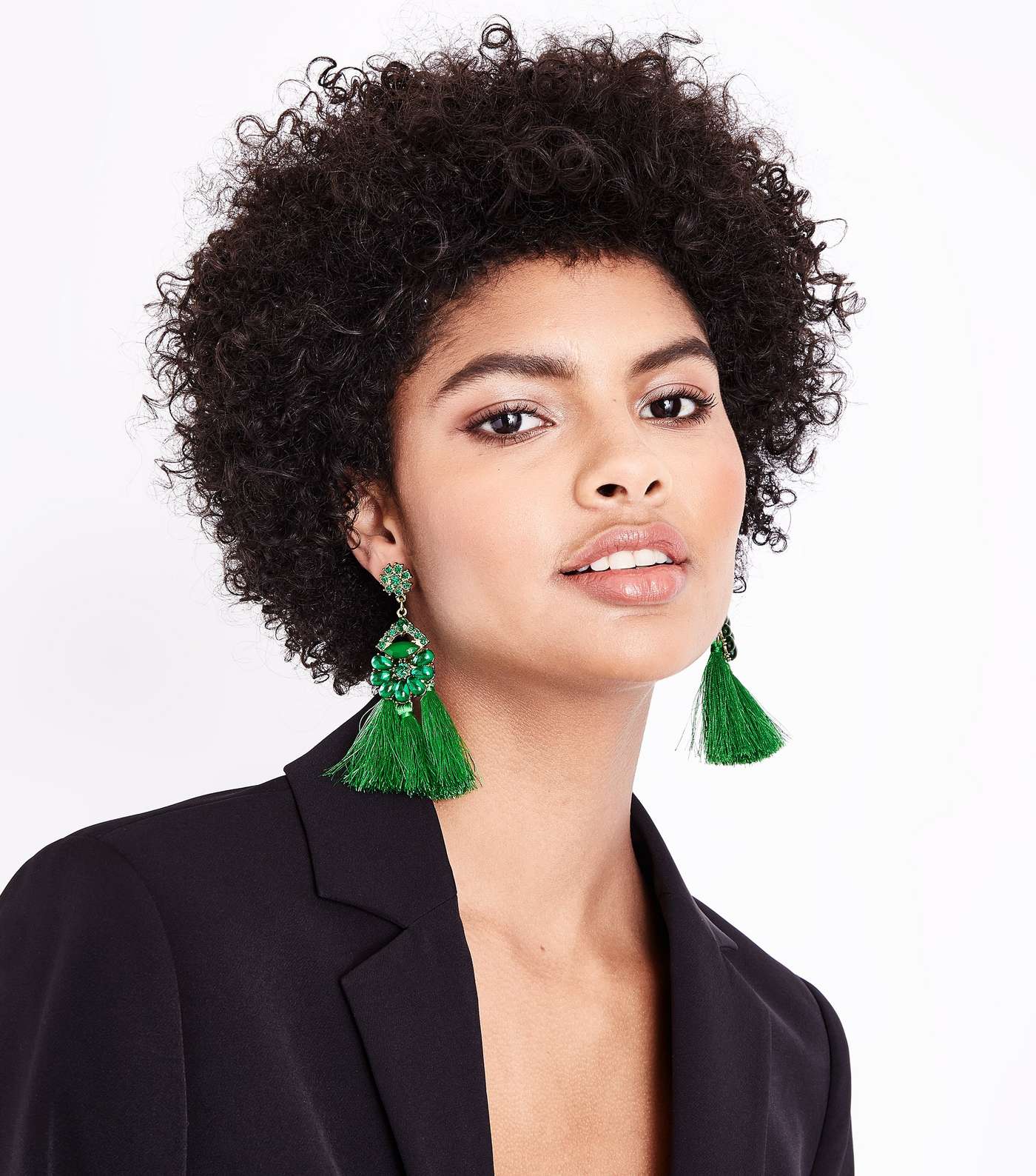 Green Gem Embellished Tassel Earrings Image 2
