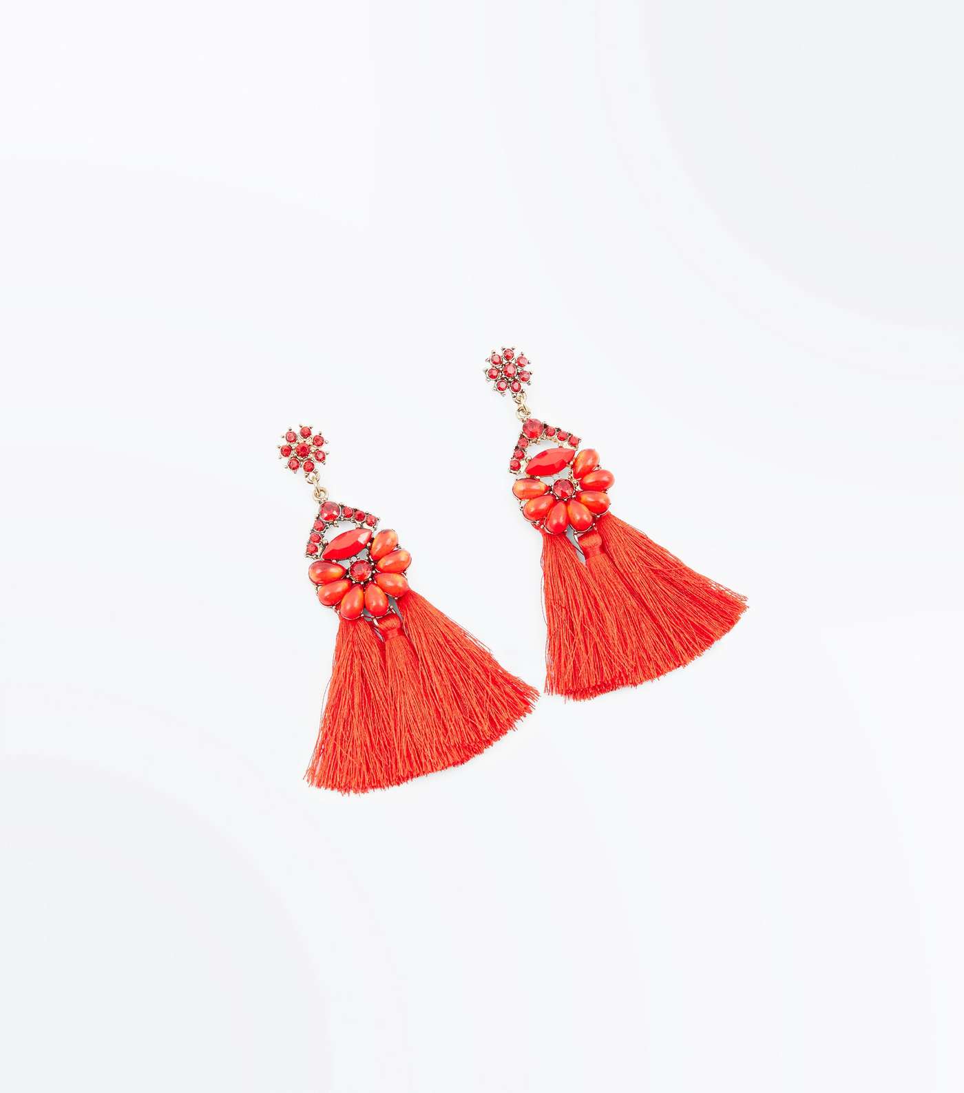 Red Gem Embellished Tassel Earrings