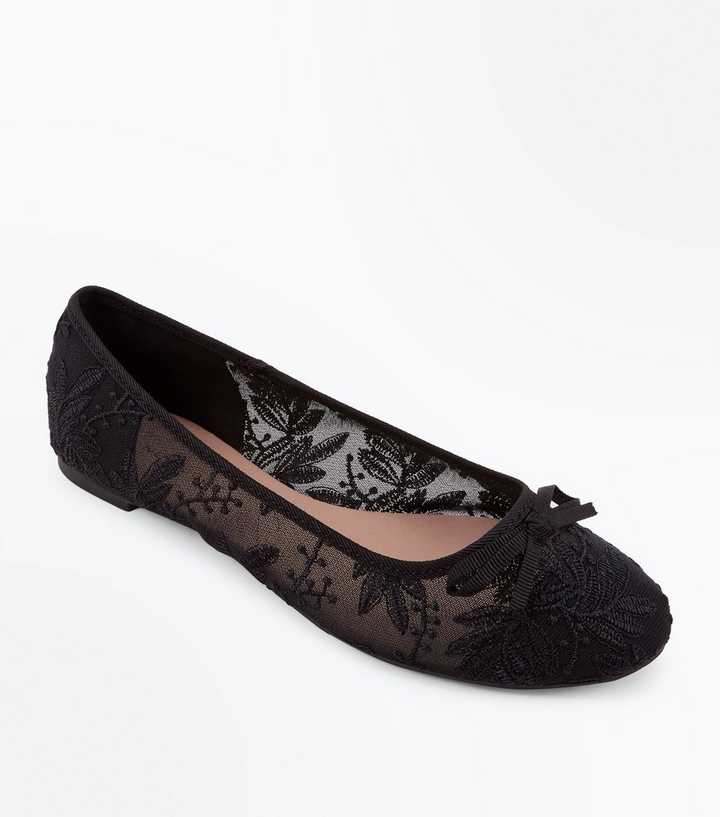 Black Sheer Lace Bow Ballet Pumps