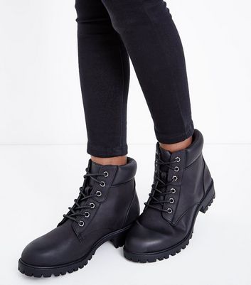 Black Contrast Cuff Lace Up Hiker Boots 