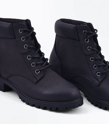 Black Contrast Cuff Lace Up Hiker Boots 