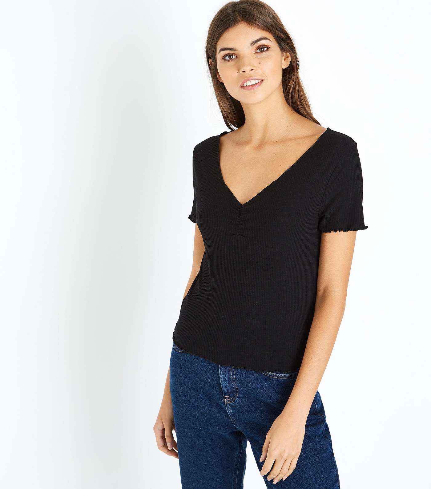 Black Ribbed Ruched Front Frill Edge T-Shirt