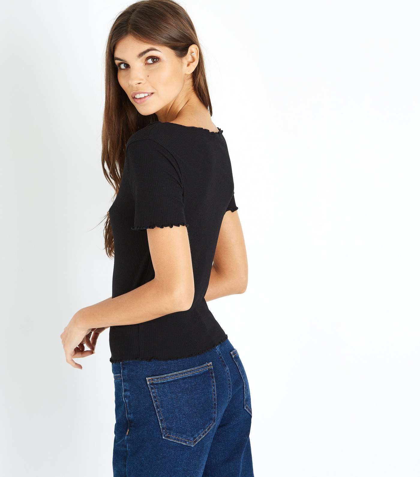 Black Ribbed Ruched Front Frill Edge T-Shirt Image 3