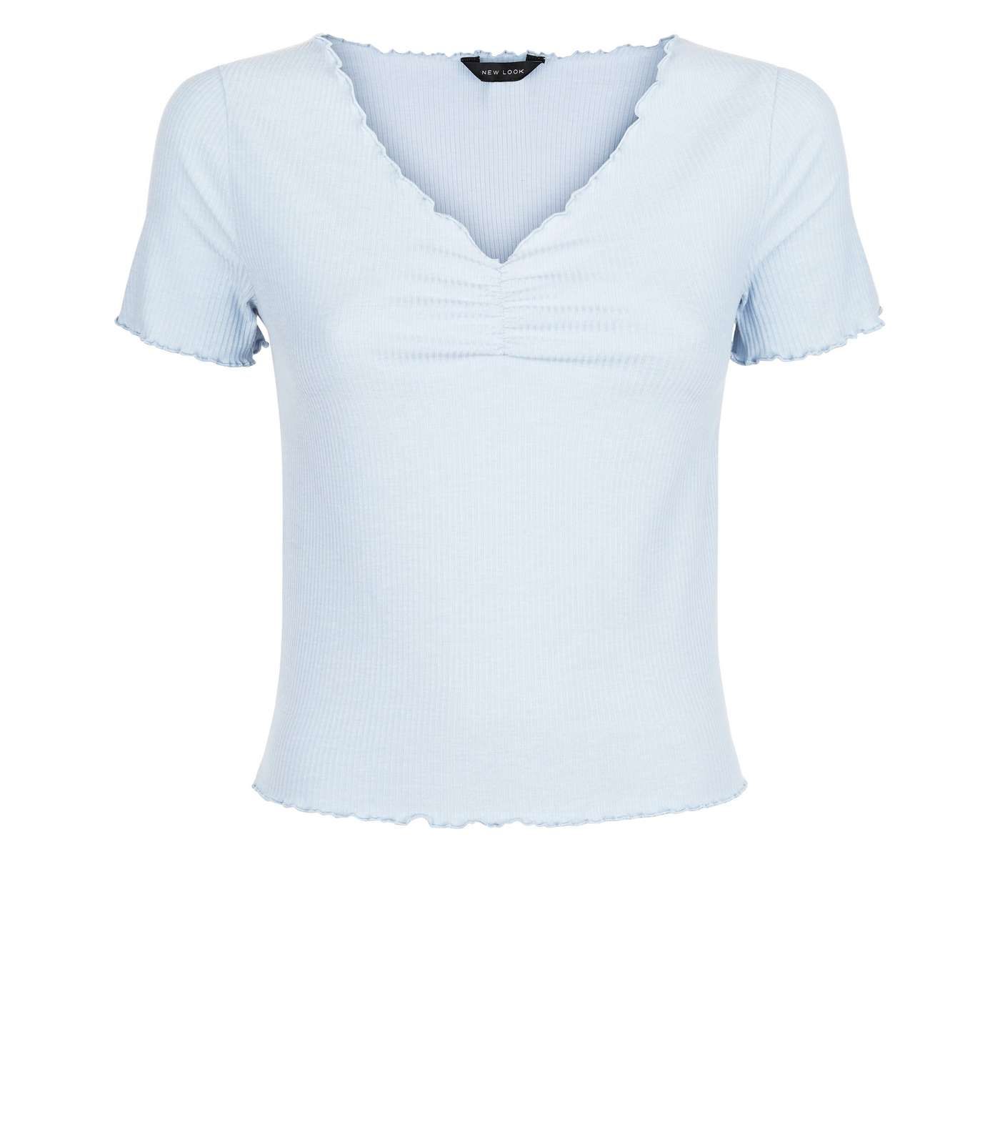 Pale Blue Ribbed Ruched Front Frill Edge T-Shirt Image 4
