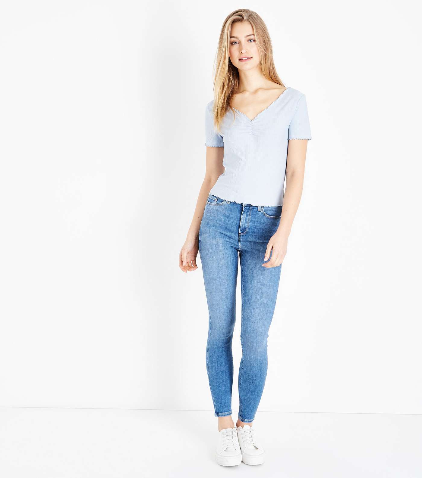 Pale Blue Ribbed Ruched Front Frill Edge T-Shirt Image 2