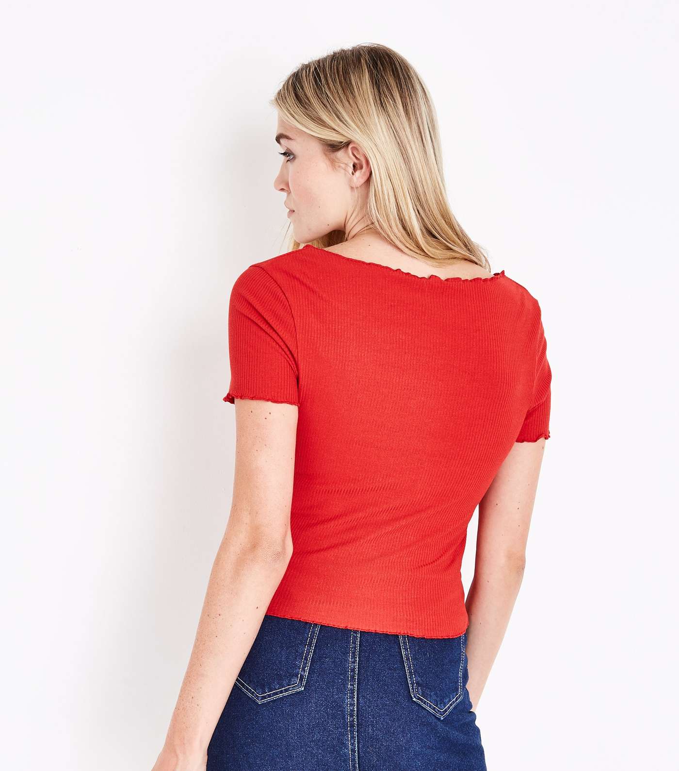 Red Ribbed Ruched Front Frill Edge T-Shirt Image 3