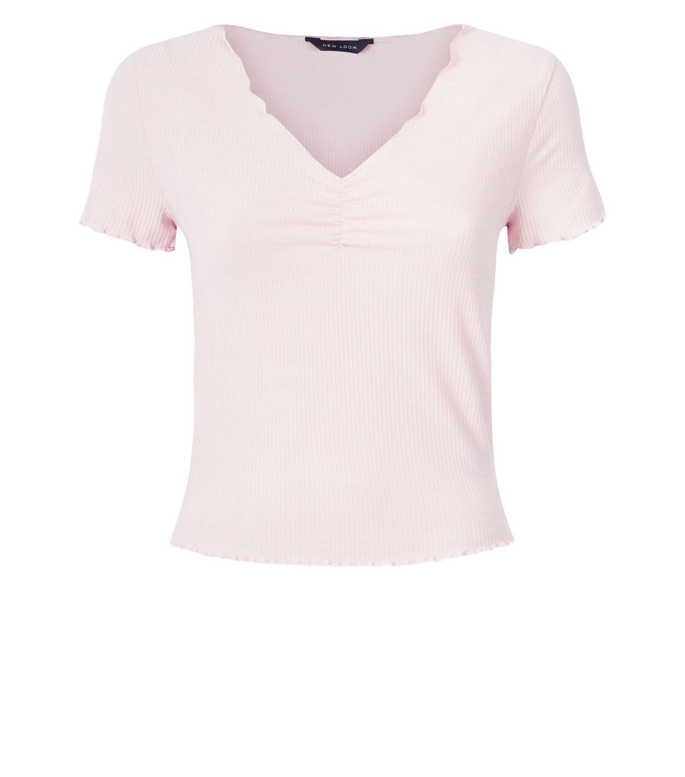 Pink Ribbed Ruched Front Frill Edge T-Shirt Image 4