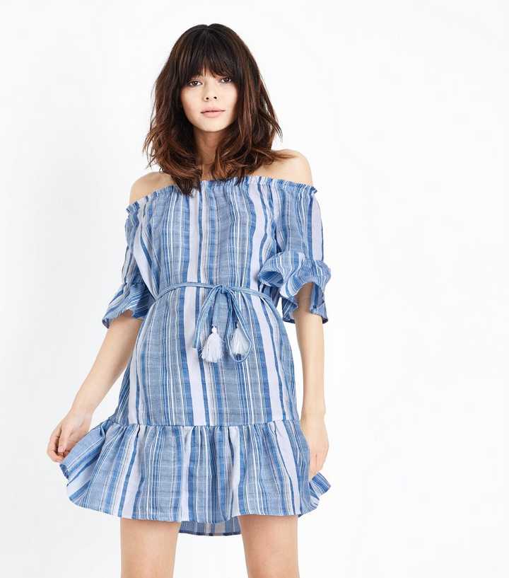 Blue Woven Stripe Tassel Belt Bardot Dress