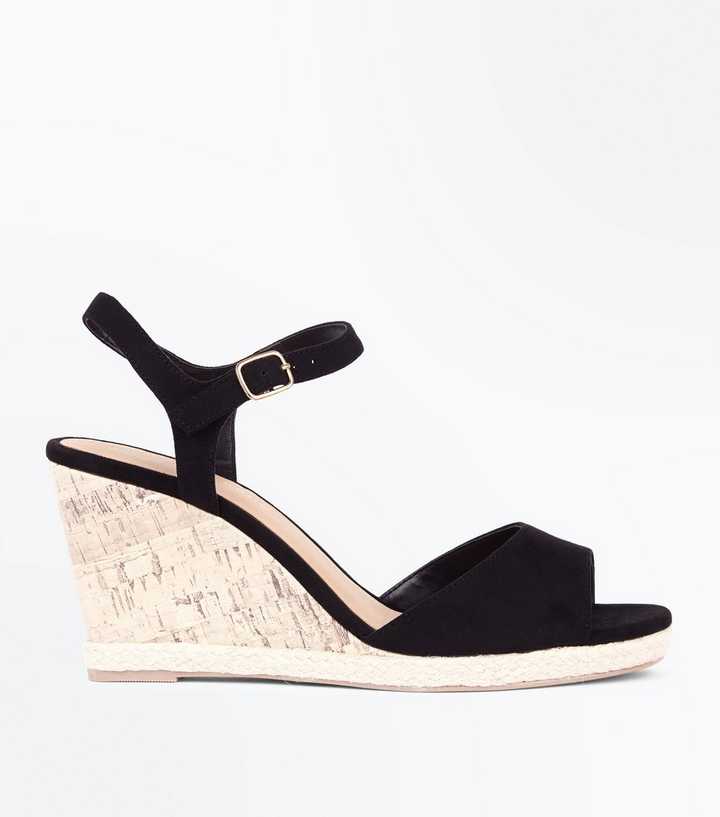Wide Fit Black Suedette Peep Toe Wedges