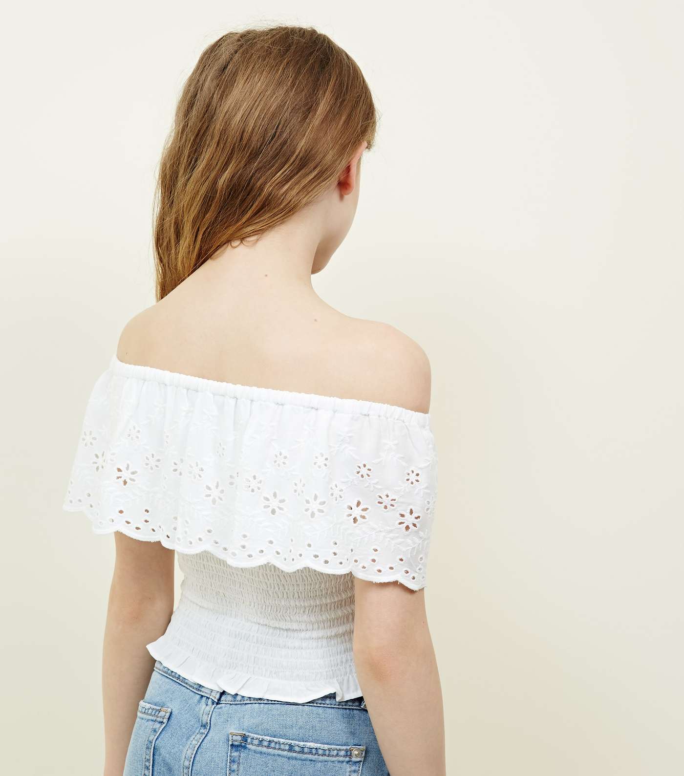 Girls White Floral Cut Out Shirred Bardot Top Image 3