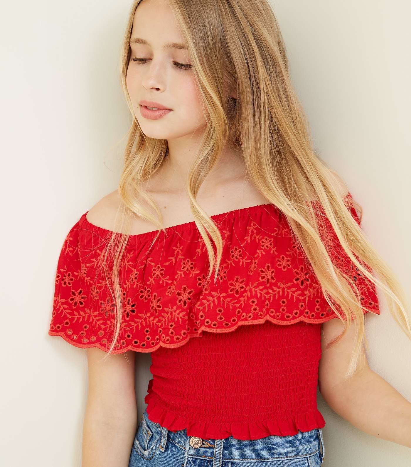 Girls Red Floral Cut Out Shirred Bardot Top