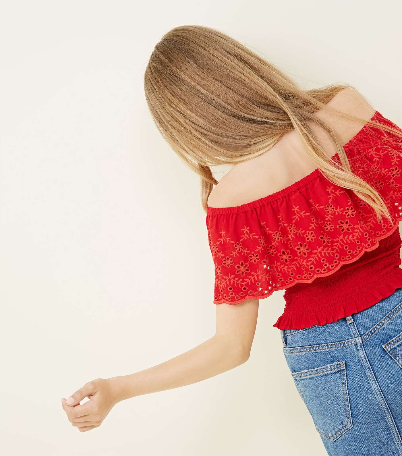 Girls Red Floral Cut Out Shirred Bardot Top Image 3