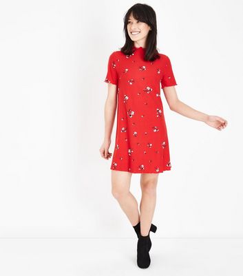 red floral swing dress
