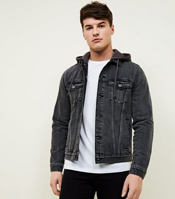 Dark Grey Jersey Hooded Denim Jacket New Look