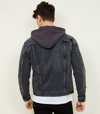 Dark Grey Jersey Hooded Denim Jacket New Look