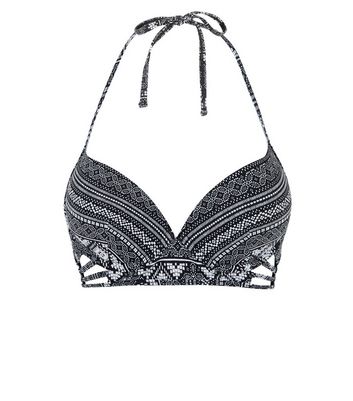 Black Geometric Print Strappy Bikini Top | New Look