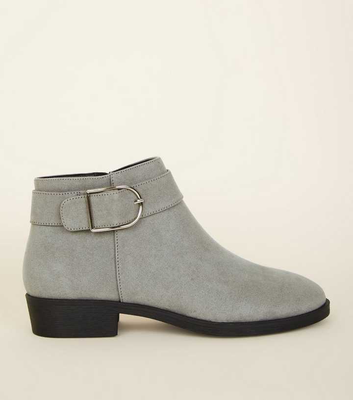 Grey Suedette Buckle Strap Side Ankle Boots