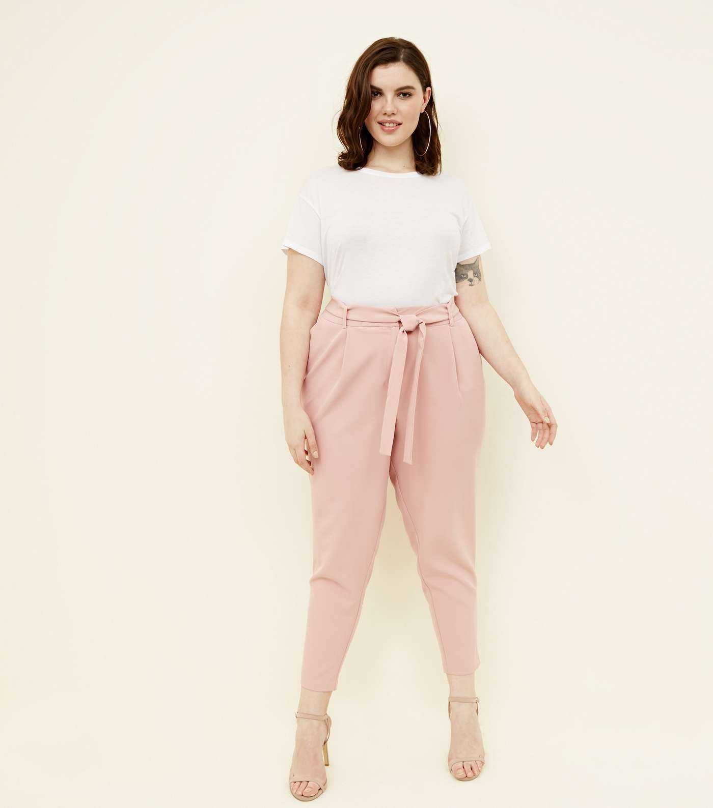 Curves Pink Tie Waist Tapered Trousers
