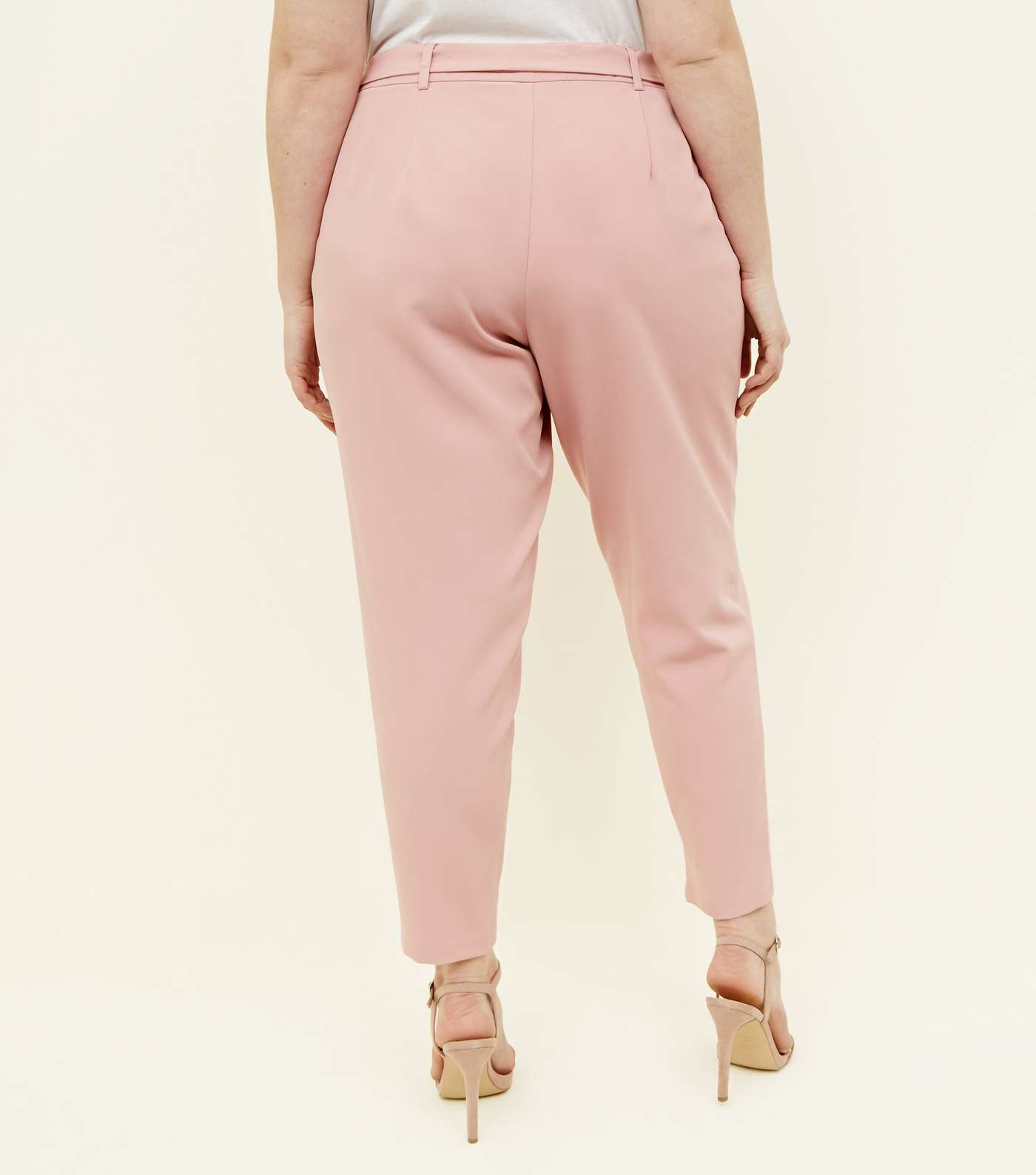 Curves Pink Tie Waist Tapered Trousers Image 3
