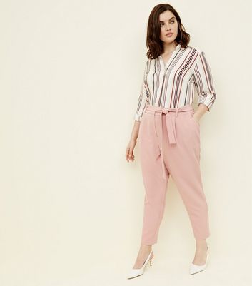 Curves Pink Tie Waist Tapered Trousers 