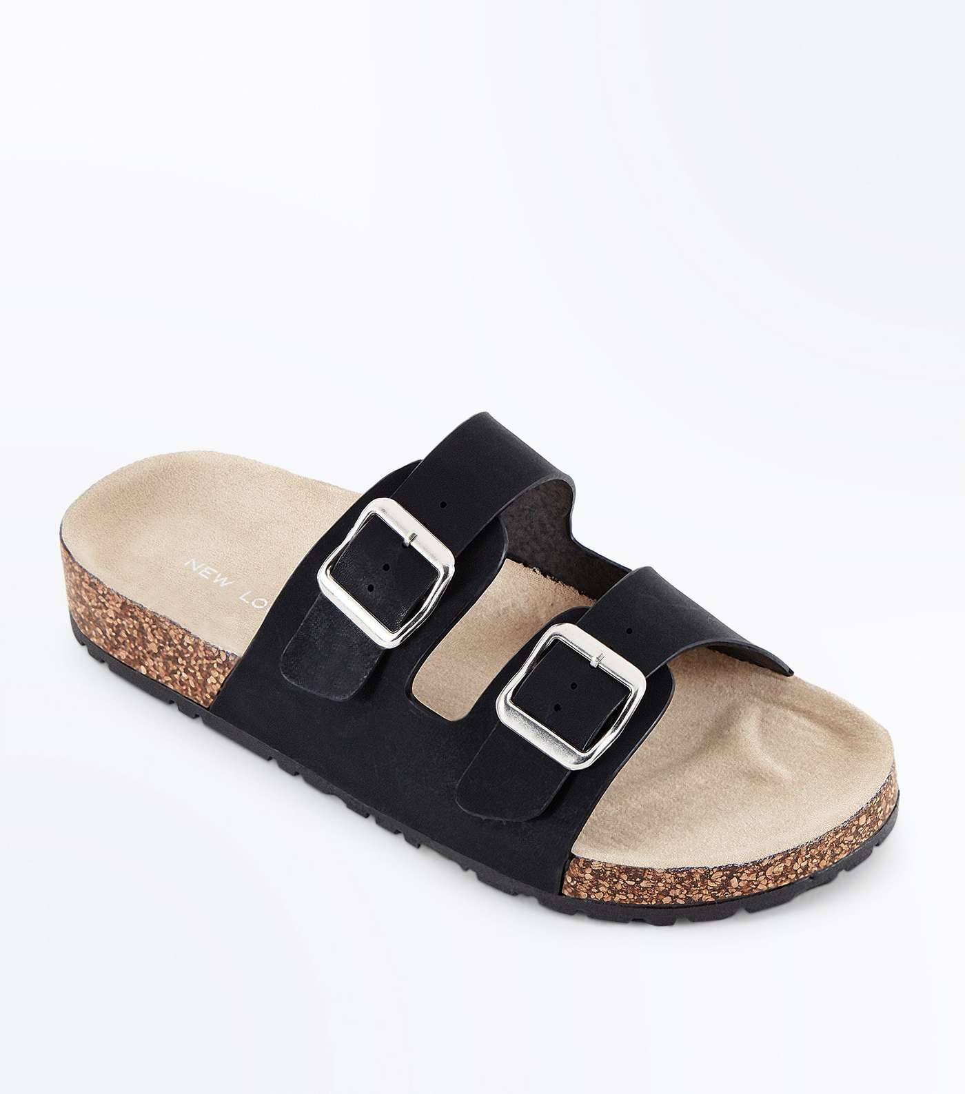 Black Double Buckle Strap Footbed Sandals