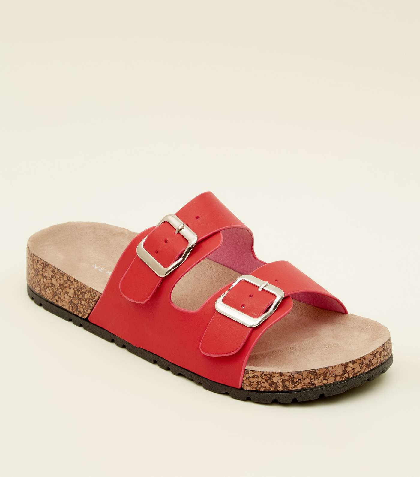 Red Double Buckle Strap Footbed Sandals