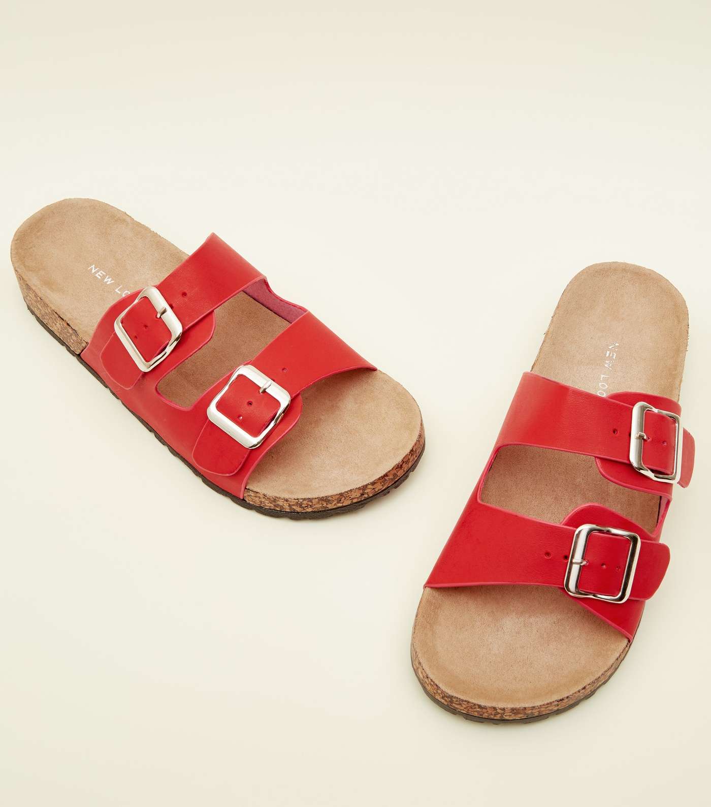 Red Double Buckle Strap Footbed Sandals Image 3
