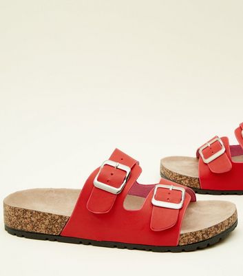 Red Double Buckle Strap Footbed Sandals New Look